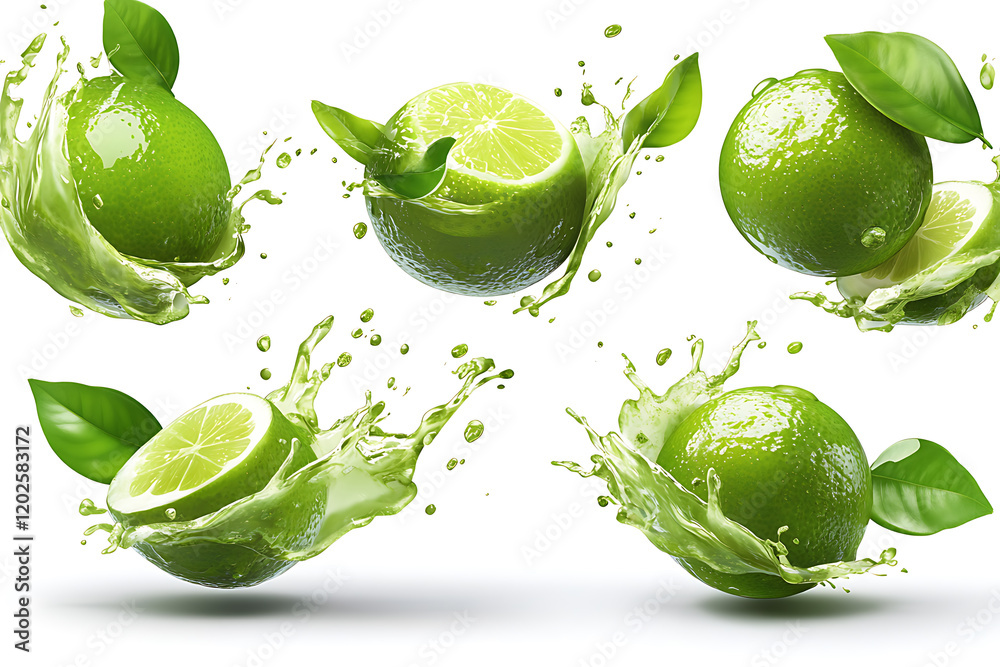 Poster set of fresh delicious limes splashing with leaves isolated on a white background
