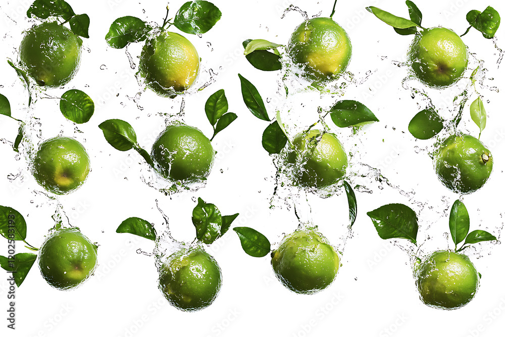 Poster set of fresh delicious limes splashing with leaves isolated on a white background