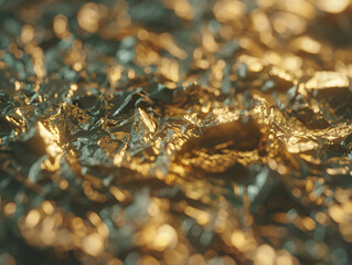 A textured surface of crinkled gold foil reflecting soft ambient light, creating a rich and luxurious feel.