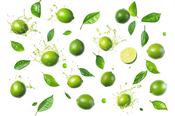Set of fresh delicious limes splashing with leaves isolated on a white background