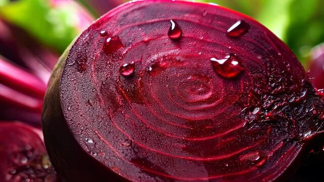 Freshly cut beetroot with vibrant greens and droplets