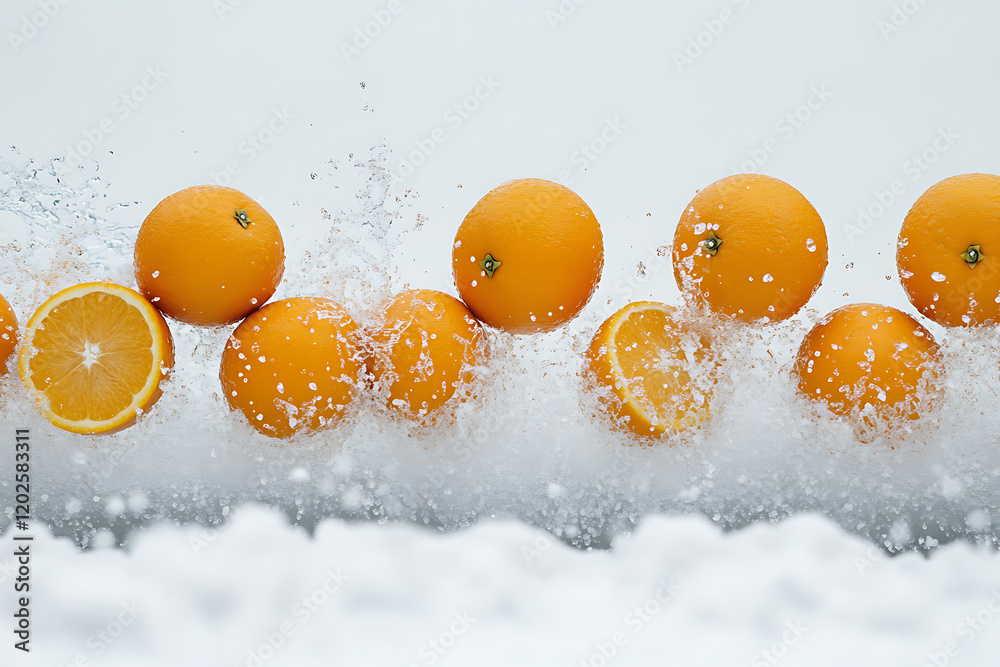 Poster set of fresh delicious oranges splashing isolated on a white background