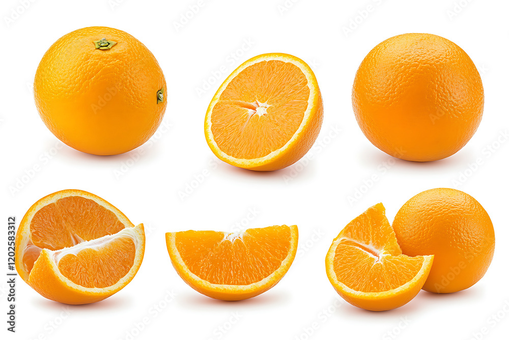 Poster set of fresh delicious oranges splashing isolated on a white background