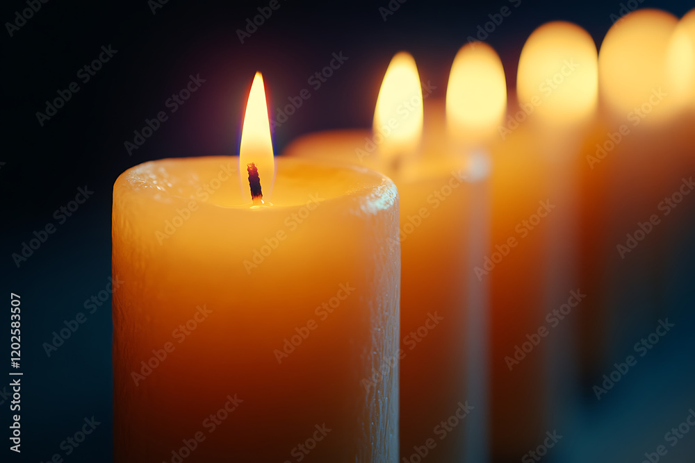 Poster pillar candles with flames illuminated isolated a white background