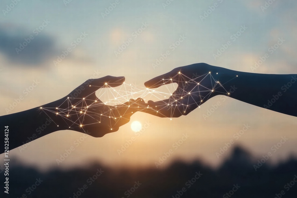 Aufkleber Hands connect through glowing lines and dots at sunset, symbolizing unity and communication in a digital age. Generative AI
