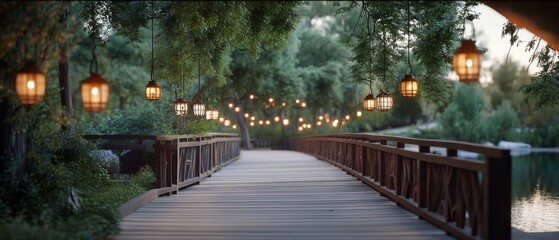 Fototapeta premium A charming pathway adorned with hanging lanterns invites a magical evening stroll beneath lush trees, sparking romance and curiosity.