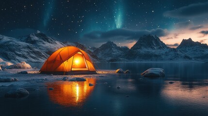 Illuminated tent, winter camping, aurora borealis, mountain lake, travel brochure