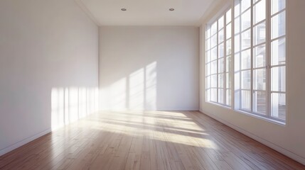 Sunlight streams into an empty, bright, white room with hardwood floors and large windows.