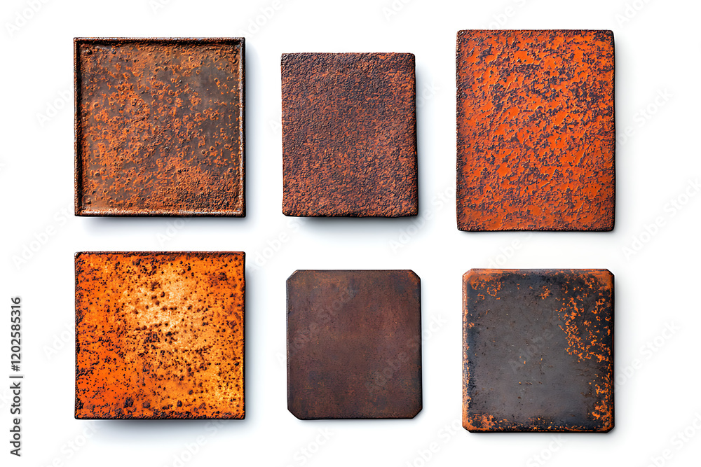 Poster set of metal plates with rusted surfaces isolated a white background