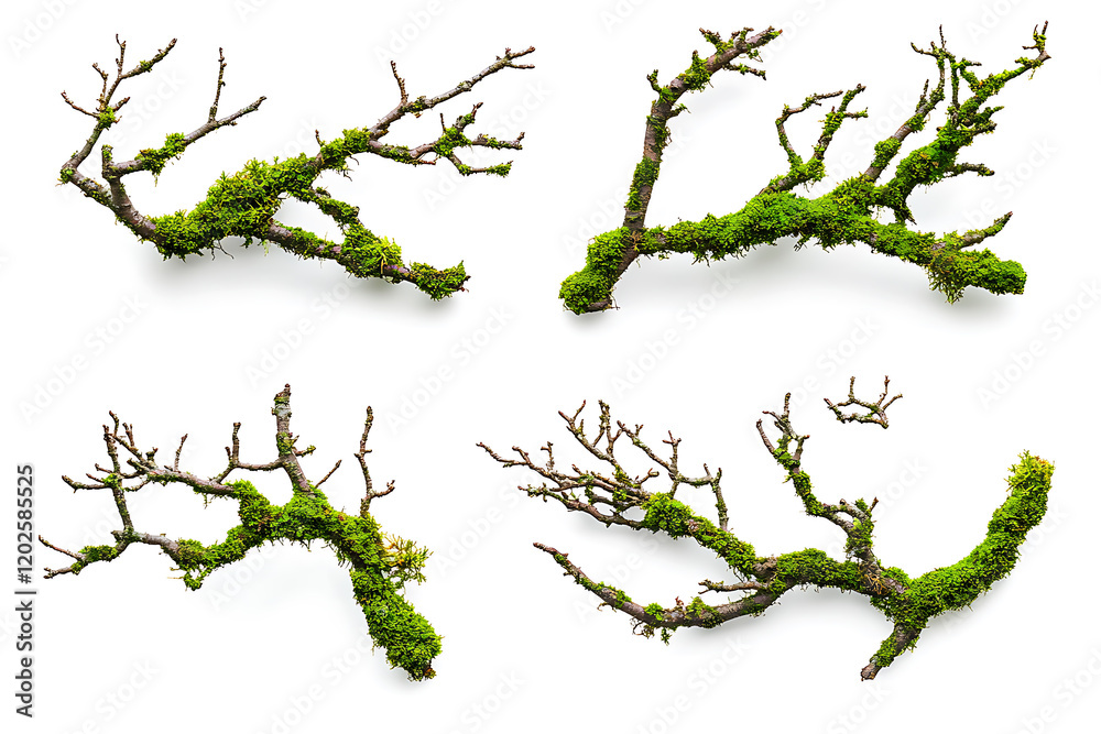 Poster set of moss-covered tree branches isolated a white background