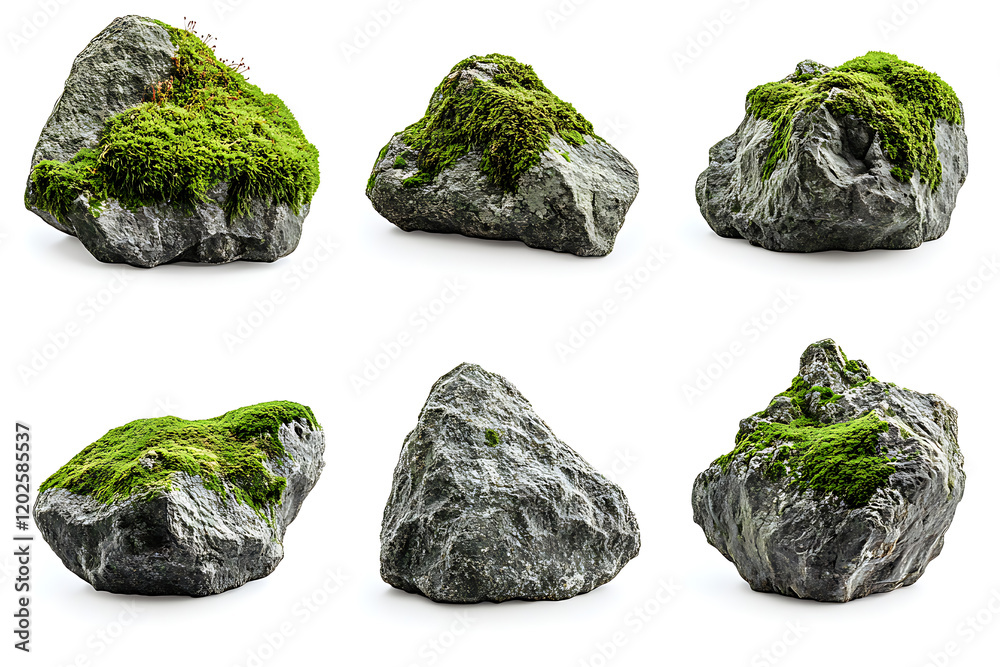Poster set of moss-covered rocks in natural settings isolated a white background