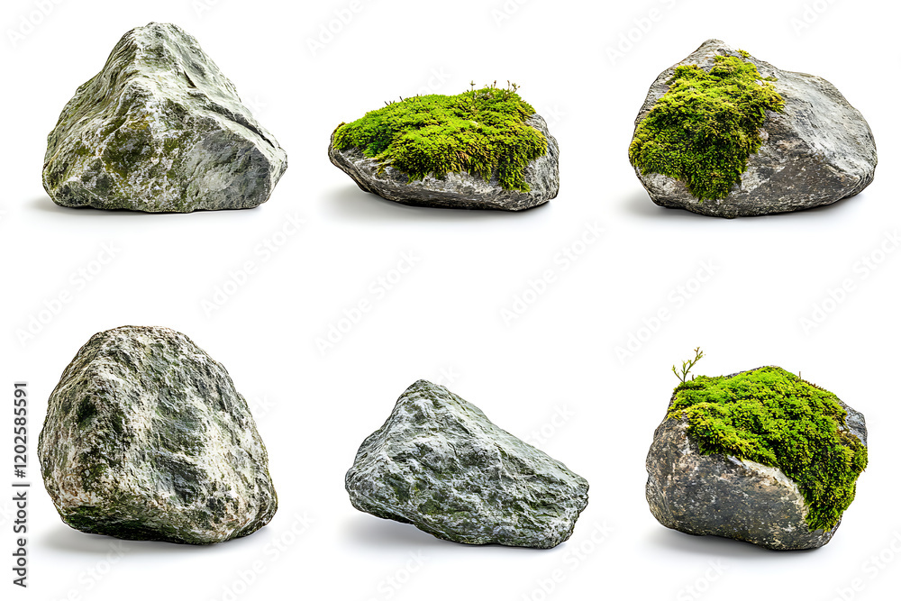 Poster set of moss-covered rocks in natural settings isolated a white background