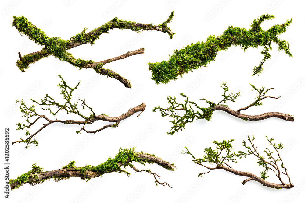 Poster set of moss-covered tree branches isolated a white background