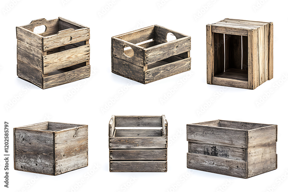 Poster Set of old weathered wooden crate boxes isolated a white background