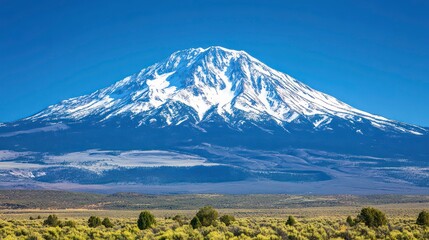 Fototapeta premium Majestic snow-capped mountain peak against a vibrant blue sky, overlooking a vast, arid landscape with sparse vegetation.