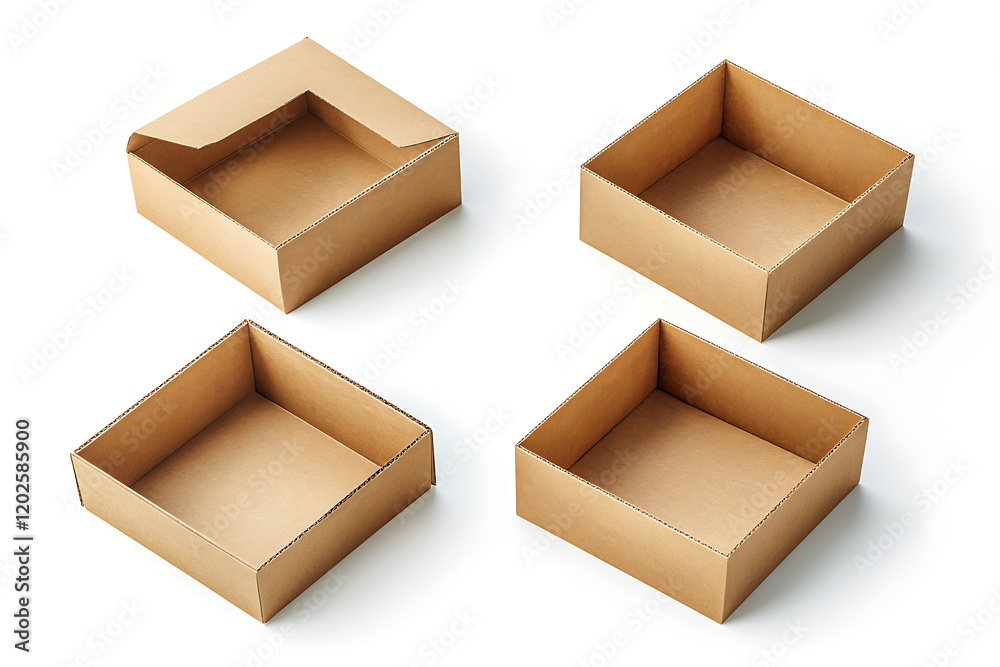 Fototapete set of open empty cardboard boxes isolated a white background