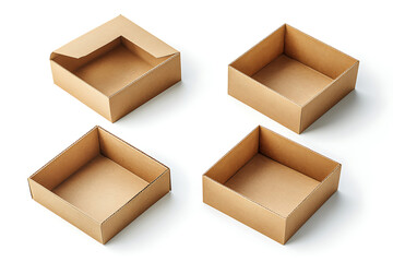 Set of open empty cardboard boxes isolated a white background