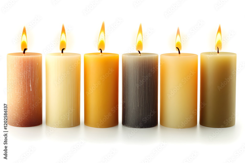 Poster set of pillar candles with flames illuminated isolated a white background