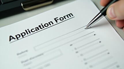 Close-up of a blank application form with a pen on top, neatly organized and ready to be filled, suitable for academic, professional, or administrative themes