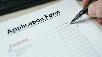 Close-up of a blank application form with a pen on top, neatly organized and ready to be filled, suitable for academic, professional, or administrative themes