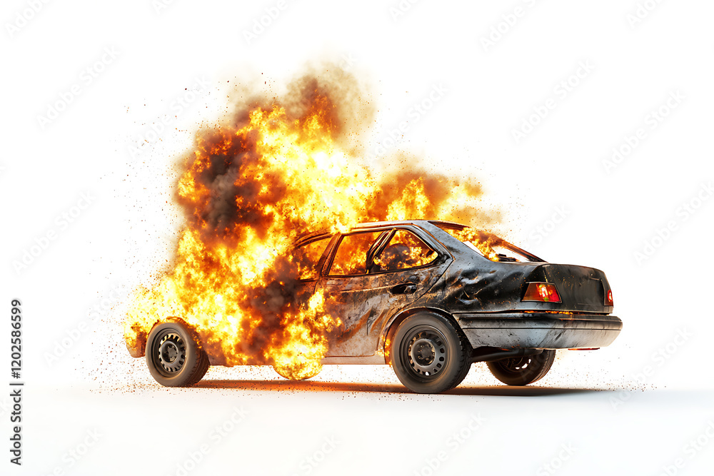 Poster Realistic 3d render of a car exploding in flames and smoke isolated a white background