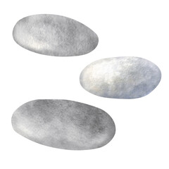 Set of sea grey pebbles. Hand drawn watercolor illustration of smooth underwater stones isolated from background. Aquarium decoration. Drawing of rocks for marine, nautical, spa or zen design.