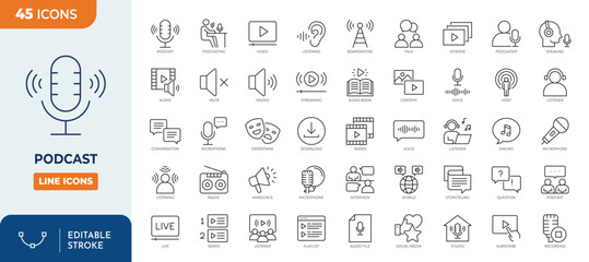 Podcast icon set. Containing  Podcast,  Broadcasting,  sound,  studio, microphone, Microphone, Conversation, Audiobook and more. Outline Icon Collection. Vector illustration. Editable stroke	