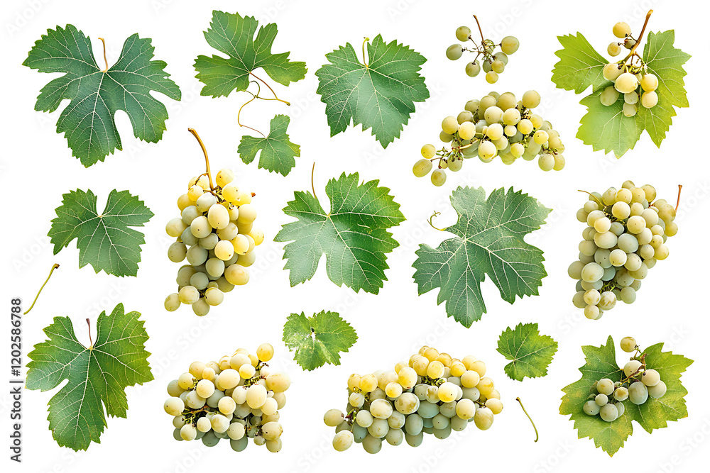 Poster set of ripe grapes with leaves isolated a white background