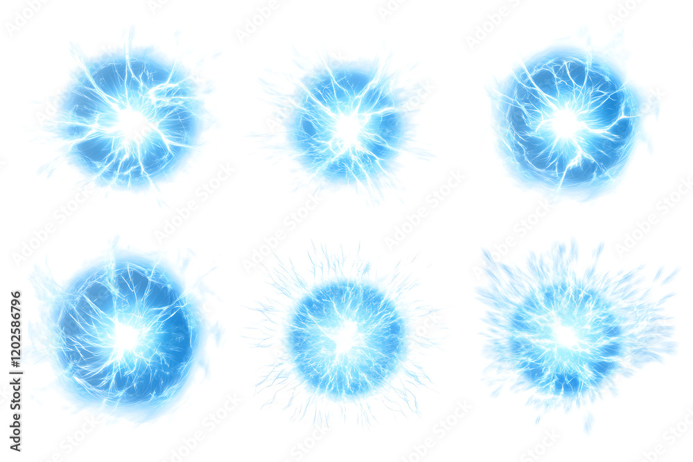 Poster realistic set of blue round sparking discharge isolated a white background
