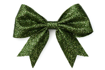 Realistic green sparkly glitter party gift bow decoration isolated a white background