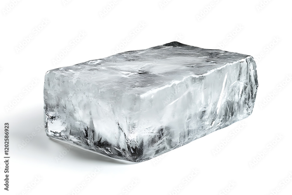 Poster Rectangular ice block with a frosted, textured surface isolated a white background
