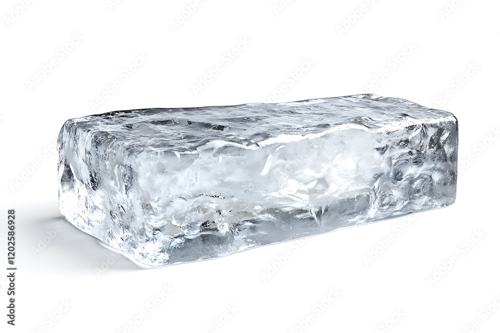 Poster Rectangular ice block with a frosted, textured surface isolated a white background