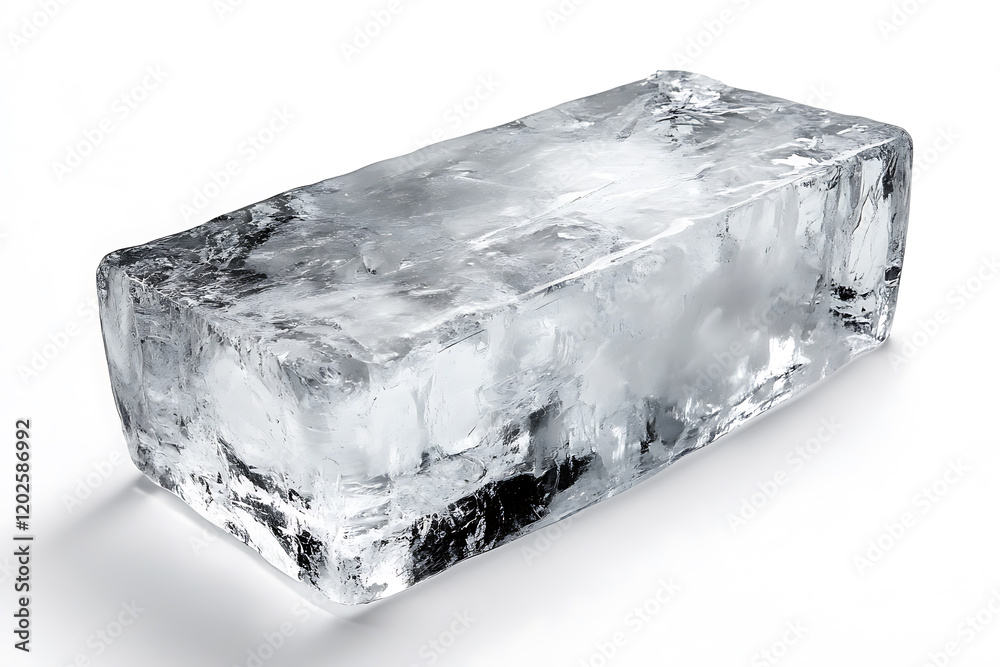 Aufkleber Rectangular ice block with a frosted, textured surface isolated a white background