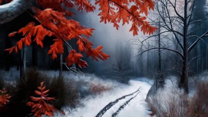 road covered in snow and orange autumn leaves in the tree. - Powered by Adobe