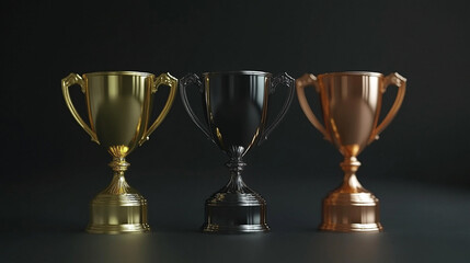 Three modern 3D trophy designs symbolizing victory achievement and excellence in gold silver and bronze for first second and third place with blurred empty space for text or captions on the side

