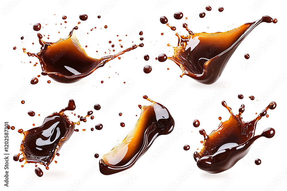 Poster Set of soy sauce splashes isolated a white background