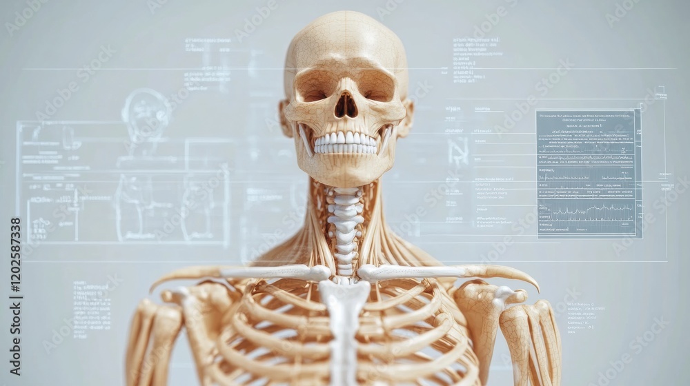Poster detailed human skeleton model showcasing anatomy with educational graphics in a modern learning envi