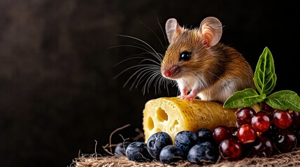   A mouse on top of cheese, next to berries and a bitten-out cheese piece