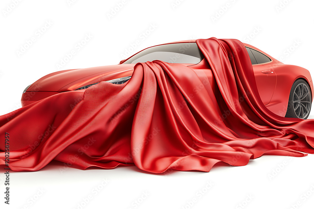 Poster red fabric draping over an automobile isolated a white background