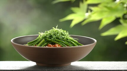   A close-up of a bowl of food featuring broccoli at its center and a blurred background