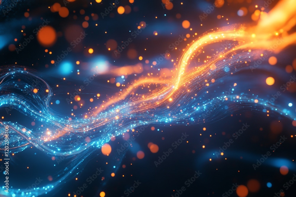 Poster hyper realistic futuristic data stream with glowing light trails in a dark cosmic setting