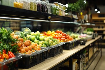 Realistic supermarket image with blurred shelves, healthy food focus, and space for your ad banner