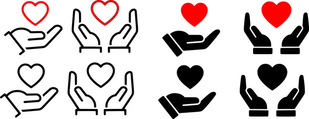 Heart in hand icons set. Hands holding heart icon. Love icon. Health, medicine symbol. Healthcare hands holding heart flat and line style - stock.