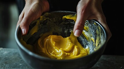 Close-up of hands mixing natural ingredients for a cosmetic product in a small bowl