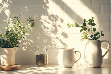 Sunlit houseplants in glass vases on wooden surface
