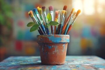 Fototapeta premium Colorful paintbrushes in a terracotta pot on a wooden table