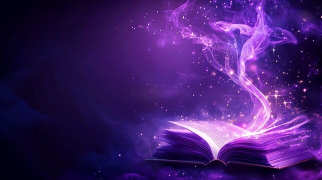 Magical book emitting violet smoke and sparkling lights on dark purple background
