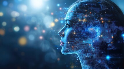 Futuristic Digital Profile of a Woman with glowing data overlay and bokeh background