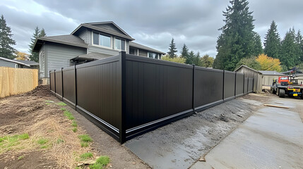 Modern Residential Backyard with Black Vinyl Fence Surrounding a Cozy Family Home in a Suburban Landscape