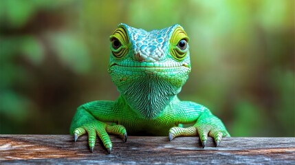 Fototapeta premium Green lizard perched on wood, jungle background, wildlife photography